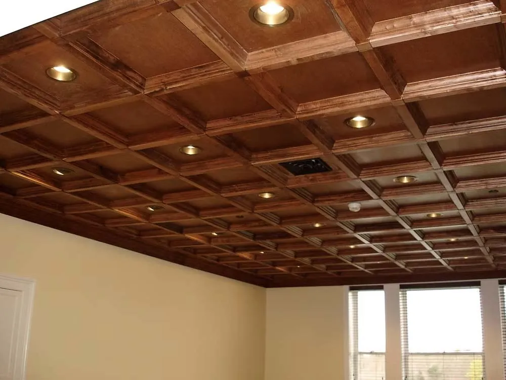 Wood coffered ceiling with recessed lighting