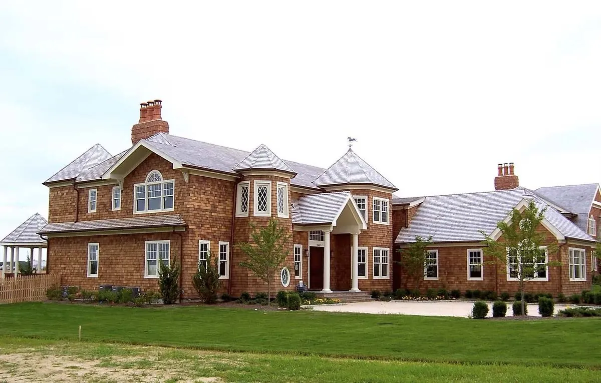 Brick and shingle home, front elevation