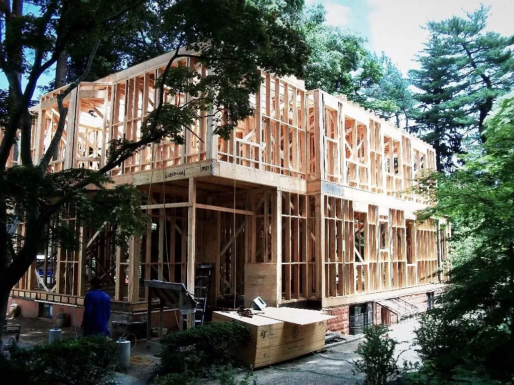 Two-story structure framed in lumber